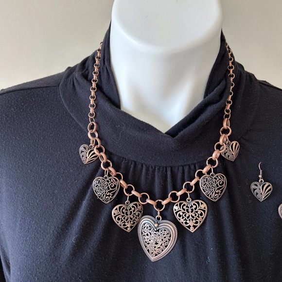 Necklace Earring Set Heart Statement Jewelry Adjustable Copper Beauty Accessory - Picture 9 of 11